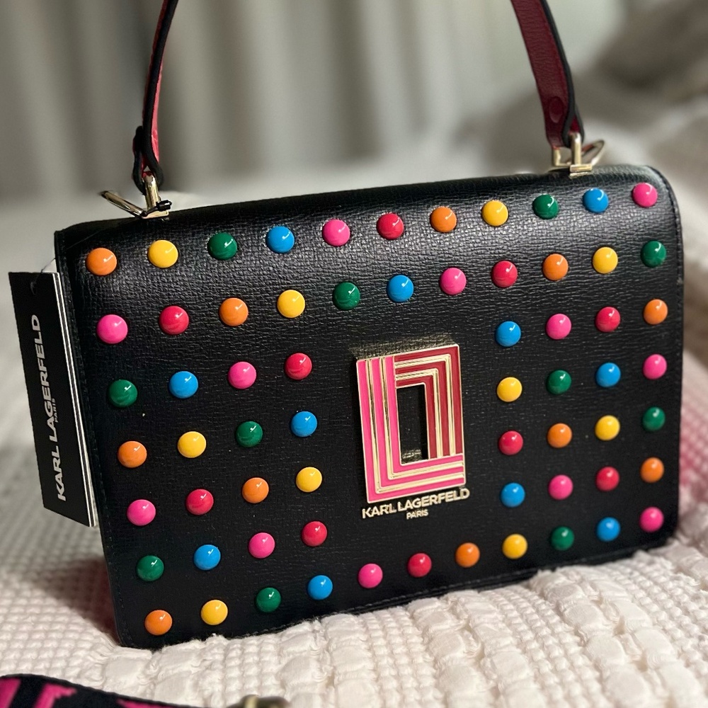 NWT KARL LAGERFELD Black Candy Dot Studded Leather Simoné Flat Crossbody Bag